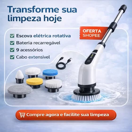 (9 em 1) Escova de Limpeza Elétrica Rotativa EsfregãoEscova de Limpeza Elétrica Rotativa 9 em 1 Sem Fio Cabo Extensível