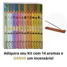 Kit 14 Incensos Variados + 1 Incensário Madeira | Massala Premium Índia | Aromaterapia Relaxar