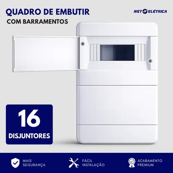 Quadro de distribuição elétrica para 16 disjuntores com barramentos embutir