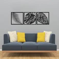 Quadro Decorativo Vazado Trio Folhas MDF 3mm Preto Fosco