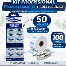Kit Barbearia Lâminas Gillette 50 Un + Gola Higiênica Descartável 100 Tiras Barbeiro