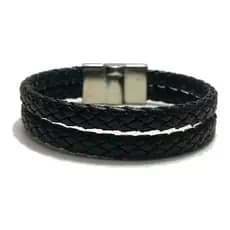 Pulseira Masculina Couro Preto Trança Social 2 Trança Imã