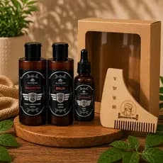 Kit Balm, Óleo para Barba, Shampoo 3x1 e Pente de Madeira para barba com medição para ajuste de corte For Men - M-03