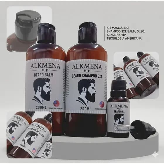 Kit Balm, Óleo para Barba e Shampoo Facial Tecnologia Americana - Alkmena M-08
