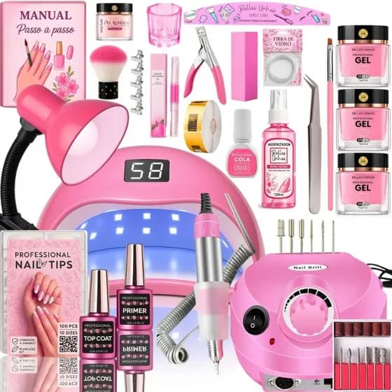 Kit de Alongamento de Unhas em Gel Completo Profissional Manicure Cabine Sun 5 e Lixadeira Porquinho