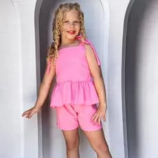 Conjunto Infantil Menina Blusa com Babado e Short Rosa Moda Infantil Verão Passeio Copa Brasil  1 a 10 Anos