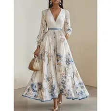 Vestido Maxi Floral Feminino Casual Com Decote Em V Manga Comprida Vestidos Para Festa De Fim De Ano