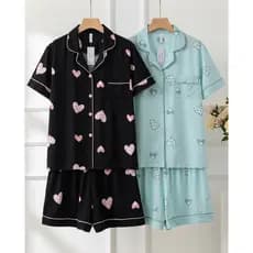 Pijama Feminino Americano Curto Coração Conjunto Confortável