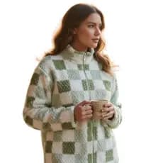 Pijama Peluciado Xadrez  Quentinho com Zíper Soft Inverno Cardigan e Calça Moda Feminina, Quentinho e Confortável