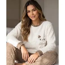 Pijama Plush Feminino Super Macio Quentinho Inverno Conjunto Peluciado Soft Roupa de Frio Feminina Manga Longa
