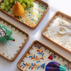 Bandejas Decorativas Retangular com Madrepérola em Fibra Natural