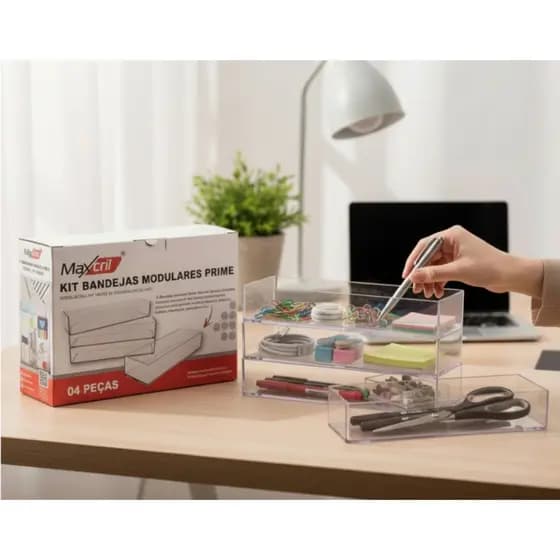Kit 4 Bandejas Modulares Acrílico Transparente Maxcril organizador Gaveta Escritório Maquiagem top