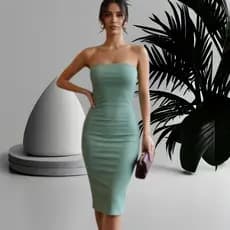 Vestido Canelado Midi Tubinho Tomara Que Caia com bojo-Moda Feminina Casual/Festa - Tamanhos M e G