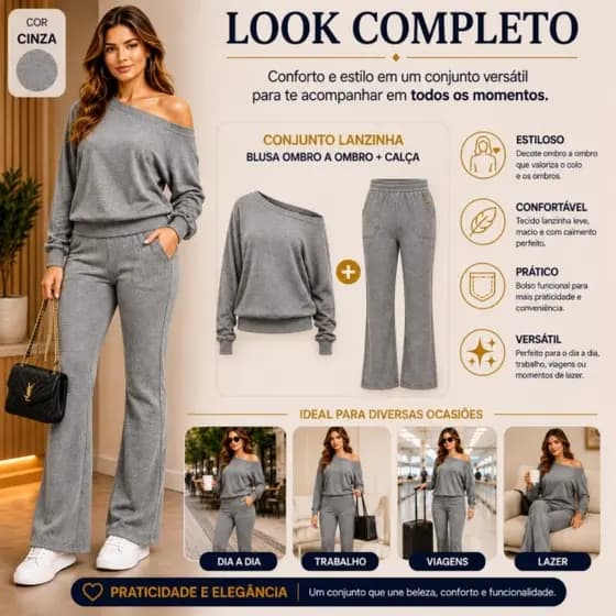 Conjunto Feminino Lanzinha Calça Flare Com Bolso Gola Boba Moda Gringa Blusa Ombro A Ombro Tendência