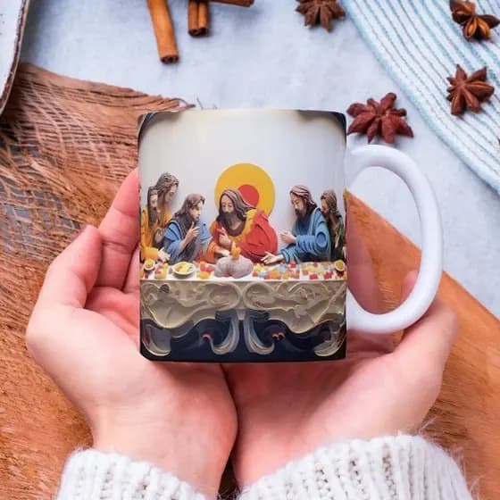 Caneca 3D Santa Ceia Cerâmica 325ml - Personalizada | Produto Exclusivo