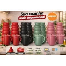 Kit Potes Bowl de Plástico 10 Potes  Redondos + Jarra Preto , Vermelho, Verde Oliva ou Rosa
