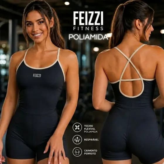 Macaquinho Poliamida Academia Feizzi Fitness Zero Transparência Casual Alta Compressão