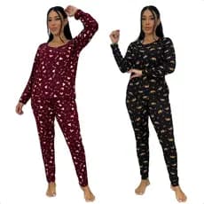 Kit 2 Pijama Feminino Conjunto Manga Longa Calça Comprida Inverno Estampado Dormir Quentinho Noite
