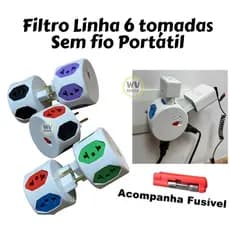 Filtro De Linha 6 Tomadas Sem Fio 10A e 20a Portatil com Fusível Proteção contra Raios