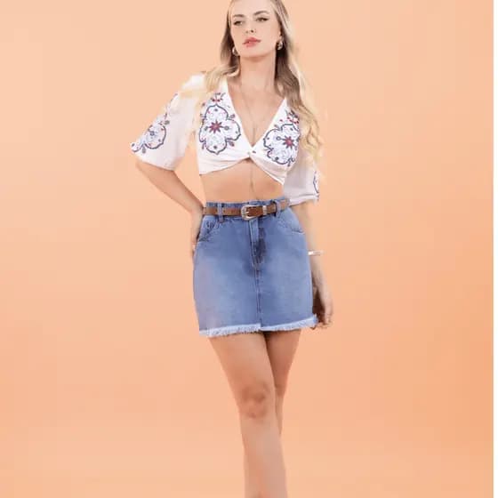 Saia Jeans Mini Feminina com Barra Desfiada | Cintura Média/Alta | 38 AO 46