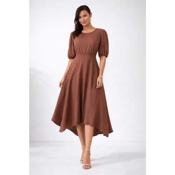 Vestido Feminino Midi Linho V Clothing Manga Curta Elegante Cintura Marcada Casual