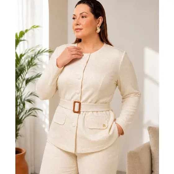 Blazer Feminino Plus Size Linho Premium OZZE Alfaiataria Elegante Social