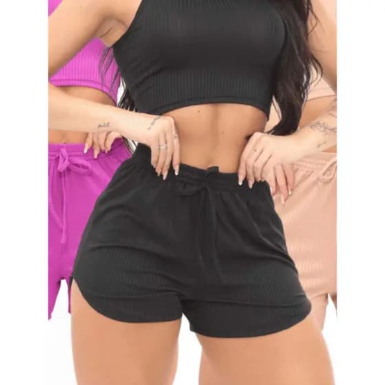 Shorts Feminino Canelado com Elástico e Amarração – Cintura Alta | P ao GG