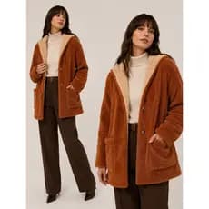 Casaco Teddy Feminino Dupla Face Peluciado Inverno Grosso com Capuz Sobretudo Quentinho Moda Feminin