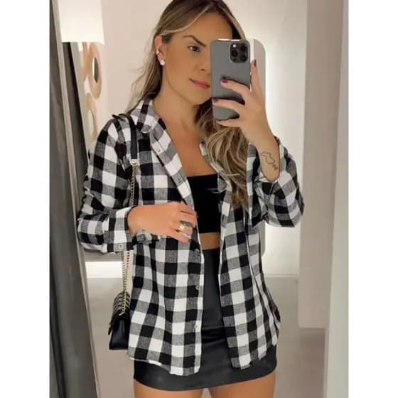 Camisa Xadrez Flanelada Feminina Inverno Manga Longa Casual Quentinha Tamanhos P ao G3