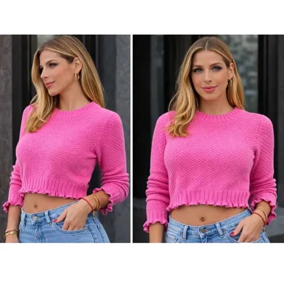 Blusa Tricot Feminina Cropped Manga Longa Babado Modal Confortável Moda Inverno Elegante Casu