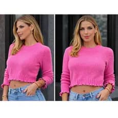 Blusa Tricot Feminina Cropped Manga Longa Babado Modal Confortável Moda Inverno Elegante Casu