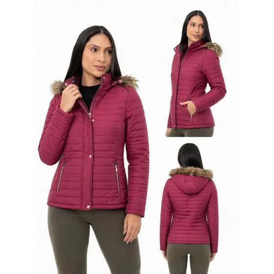 Jaqueta Puffer Bobojaco Feminina Forrada com Pelinho Casaco Inverno Quentinho Com Capuz Moda Frio