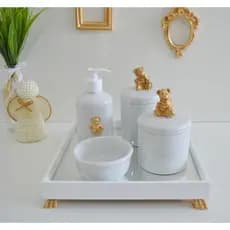 Kit Higiene Bebê K014 Dourado Moderno Bandeja MDF branca Potes Porcelana Gel Moderno