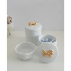 Kit Higiene Bebê K015 Dourado Provençal Coroa Ovelha Passarinho Flor Molhadeira Cotonete Algodão Pote Porcelana Bandeja