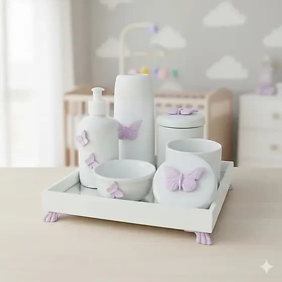 Kit Higiene Bebê Promoção K045 Borboletas Lilás Porcelanas Mini Térmica Banho Cuidado Bancada Quarto Liquida Promoção