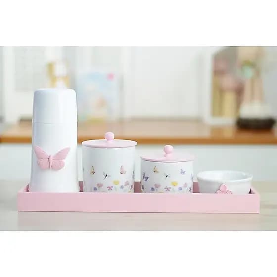 Kit Higiene Porcelana Maternidade Bebê Decoração Quarto Infantil Jardim Borboletas K174 Rosa Potes Algodão Cotonete
