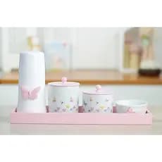 Kit Higiene Porcelana Maternidade Bebê Decoração Quarto Infantil Jardim Borboletas K174 Rosa Potes Algodão Cotonete