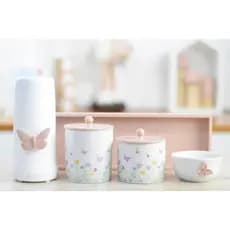 Kit Higiene Bebê Jardim Encantado Borboleta K174 Rosê Potes Porcelana Algodão Cotonete Térmica