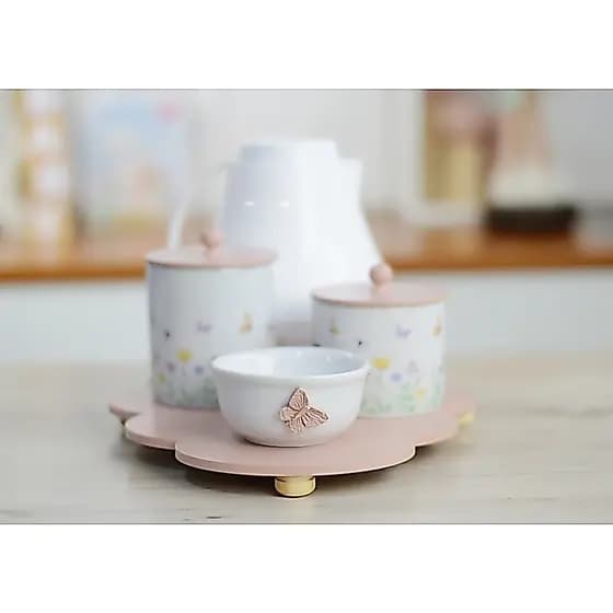 Kit Higiene Porcelana Bebê Decoração Quarto Meninas K175 Tema Borboleta Rosê Pote Algodão Cotonete