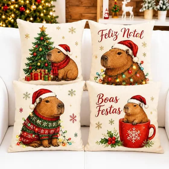 NATAL!!! Kit com 4 Capas para Almofadas Decorativas Natal Feliz Papai Noel.
