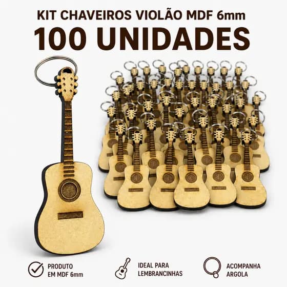 Kit com 100 Chaveiros De Violão MDF 6mm com Argola Instrumento Musical Lembrancinha Decoração Top