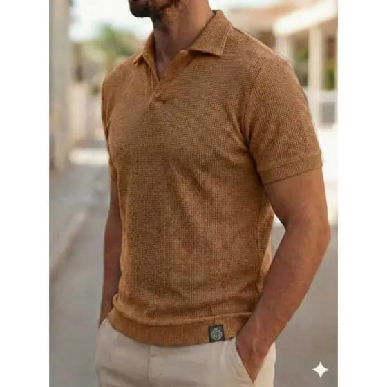 Polo Italiana texturizada sem botão, manga slim Camisa Polo Luxo Algodão Old Money