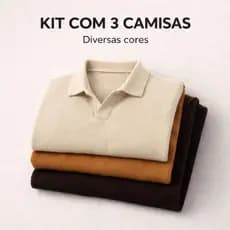 Kit 3 Polo Italiana texturizada sem botão, manga slim Camisa Polo Masculino Luxo