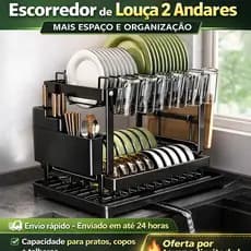 Escorredor De Louça Duplo Pratos Talheres Pia Aço Resistente Cozinha Rack Preto 2 Andares Organizado