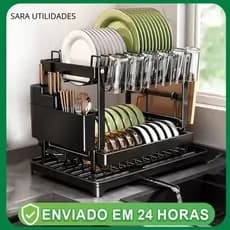 Escorredor De Louça Com Porta Pratos Talheres Copos 2 Andar Pia Cozinha Luxo Preto Black