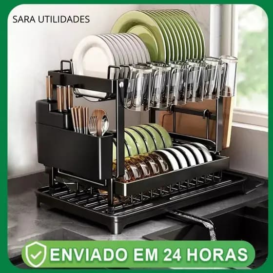 Escorredor Organizador de Louças Preto Aço Inoxidável Rack Cozinha Suspensa Louça Organizador duplo