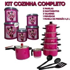 Jogo de Panelas em alumínio Rosa Pink 5 peças + Jogo de Mantimentos  Alumínio 5 pçs Rosa Pink +  Fervedor de Leite de Agua n 12 + Panela de pressão 4,5 Litros + Kit espátulas.