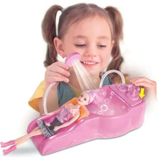 Kit Lavatório Boneca Salão Cabeleireiro Rosa Brinquedo Infantil Água De Verdade Acessórios