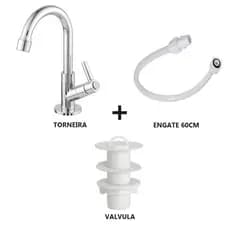 Torneira Para Lavatorio Lavabo Banheiro Abs 1/4 Volta + Engate 60cm PVC + Valvula Lavatorio Branca