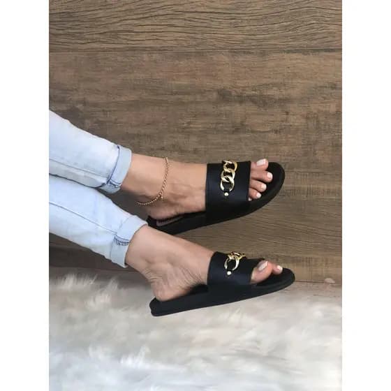 Slide Chinelo Feminino Corrente Sandalia Blogueiras Tendencia Moda Das Influencers Rasteira Moderna